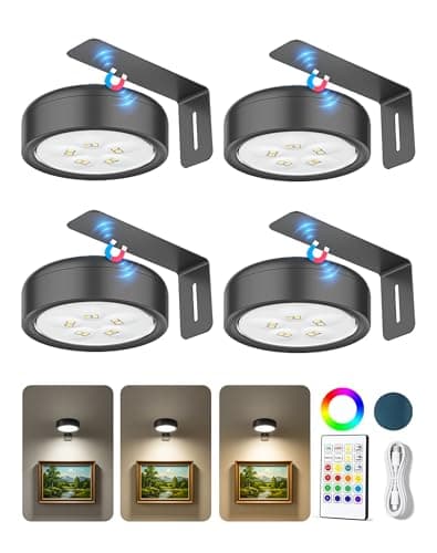 Picture Lights for Wall, 2000mAh Rechargeable Battery Magnetic Poster Lights with 3 Color Temps & 12 RGB, Remote Dimmable Timer Painting Light, Wall Decor Light for Art Display, Frame (4 Pack) - Image 1
