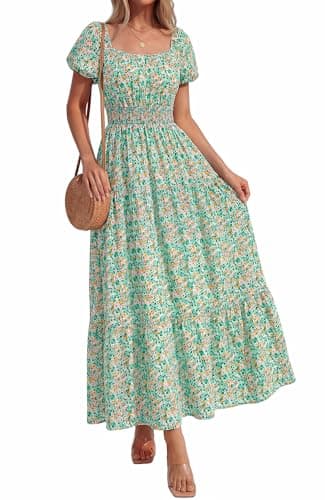 BTFBM Summer Dress for Women 2026 Spring Floral Short Sleeve Casual Flowy A-Line Smocked Tiered Maxi Dresses Pockets(Floral Green, X-Large) - Image 1