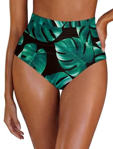 Vintage Palm Leaf High Waisted Bikini Bottoms Tummy Control Swim Bottoms Ruched Full Coverage Bathing Suit Bottoms Swimsuit - Image 1