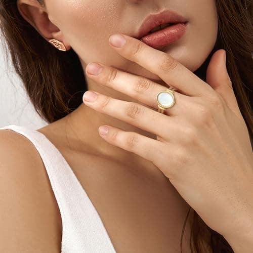 Sistble Gold Rings for Women Birthday Gifts Chunky Gold Rings Size 7 Opal Signet Pink Ring for Women Band Statement Jewelry Anniversary Christmas Gifts Stocking Stuffers for Teens - Thumbnail 3