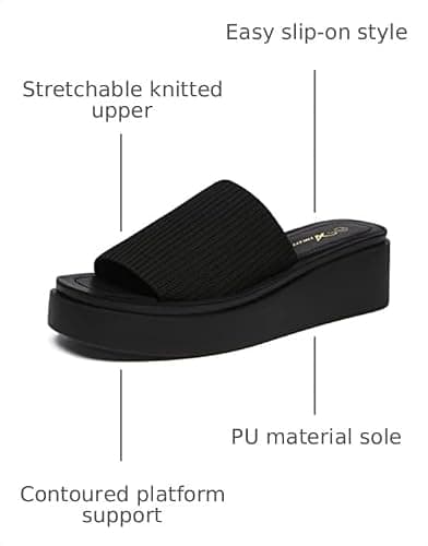 Athlefit Women's Slip On Platform Sandals Comfortable Open Toe Flatform Chunky Black Sandals Size 7 - Thumbnail 3