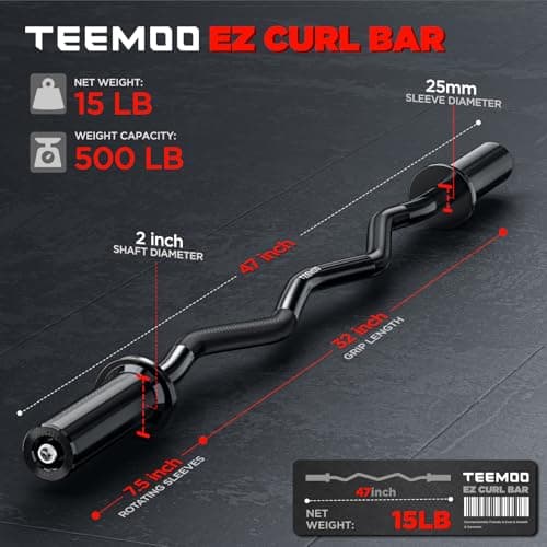 TEEMOO Olympic EZ Curl Barbell Bar, 47" Curl Bar with 2 Spring Collars, Curling bar for Weight Lifting, Squat, Hip Thrusts, Biceps, 500lb Weight Capacity, E-Coat Finish for 2 inch Weight Plates (Black) - Thumbnail 3