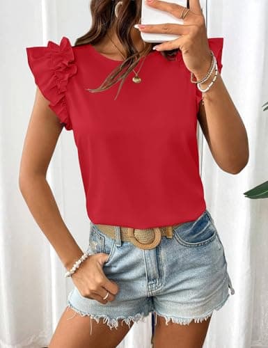 Summer Tops for Women 2026 Trendy Ruffle Short Sleeve Tops Casual Cute Loose Fit T-Shirts Crew Neck Fashion Dressy Blouses Tee Tops Red M - Thumbnail 3