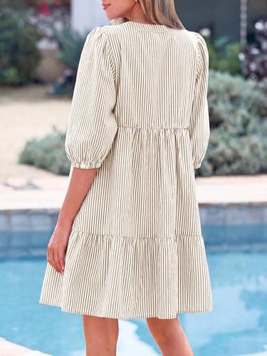 BTFBM Womens Summer Dresses 2026 Striped Mini Dress Half Sleeve Button Down Casual Flowy Beach Vacation Outfits Pockets(Brown, Large) - Thumbnail 3