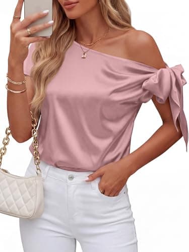 BTFBM Off The Shoulder Tops for Women Summer 2026 Short Sleeve Satin Blouse Shirts Silk Y2K Going Out Top Beach Vacation(Pink, Medium) - Thumbnail 3