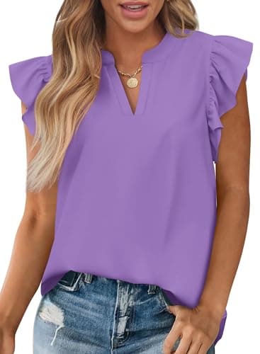 Zenlonr Womens Summer Tops 2026 Casual V Neck Ruffle Cap Sleeve Blouse Shirts Solid Color Tunic Tops(Purple,Small) - Image 1