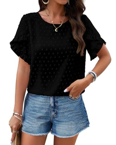 PRETTYGARDEN Women's Tops 2026 Summer Ruffle Short Sleeve Crewneck Blouses Swiss Dots Solid Loose Tunics Work Shirts(Black,Medium)