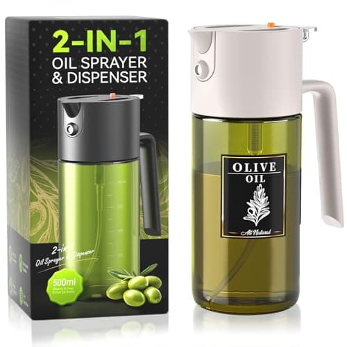 2-IN-1 500ml/17oz Light-Blocking Dark Oil Sprayer for Cooking W/ Stickers, Dark Green Glass Olive Oil Dispenser Bottle for Kitchen, Even Spray with Portion Control, Perfect for Air Fryer, BBQ-White