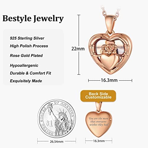 Bestyle Silver Rose Gold Heart Locket Necklace for Women Cute Irish Claddagh Lockets Love Message Photo Pendant Dainty Memorial Custom Locket Jewelry Gift, 18"+2" Chain - Thumbnail 6