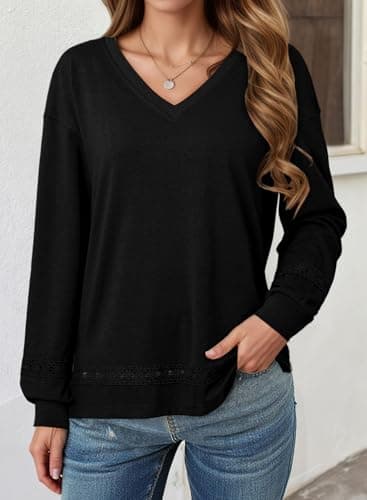 Dokotoo Boho Tops for Women Long Sleeve V Neck Blouses Black Shirts Dressy Casual Solid Embroidered Spring Shirts Plus Size Tops and Blouses Fashion Womens Clothes Large - Thumbnail 3