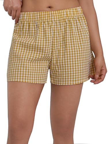 Sunzel Women's Gingham Plaid Boxer Shorts 3" – Elastic Waist Loose Fit Lounge Shorts Y2K Summer Beach Casual Bottoms 2026 Yellow Plaid X-Small