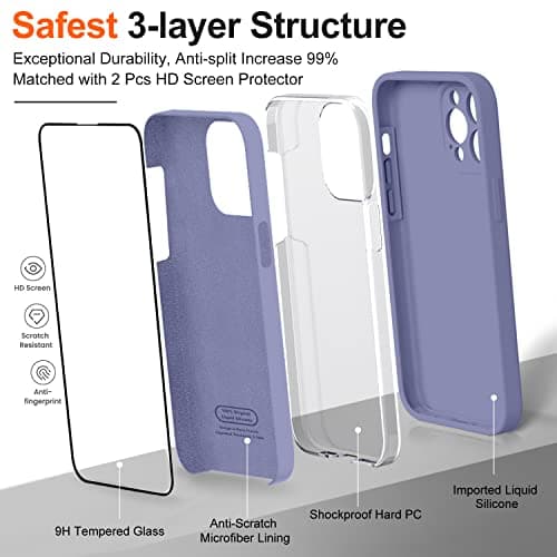 TISOOG Compatible with iPhone 14 Pro Case for Women,with 2 Pcs 9H Tempered Glass Screen Protector,[Camera Protection][Microfiber Lining] Slim Shockproof Silicone Case iPhone 14 Pro,Lavender Grey - Thumbnail 4