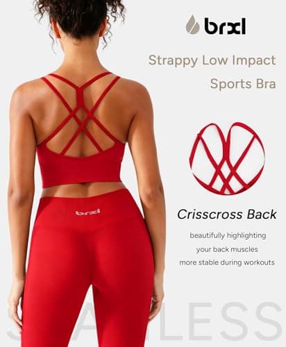 BRXL Lycra Strappy Ruched Sports Bra for Women Breathable Seamless Criss Cross Back Light Support Padded Bras Exercise Yoga Red S - Thumbnail 3
