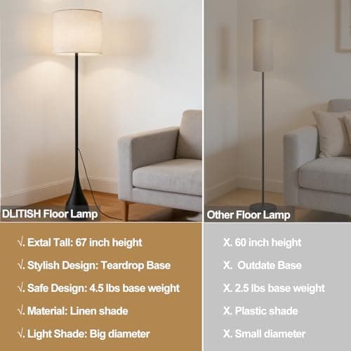 DLITISH Boho Floor Lamp 67 Inch Extal Tall, Modern Torchiere Lamp with Beige Linen Drum Shade, Large Farmhouse Black Teardrop Base Standing Lamp for Living Room, Bedroom, Corner, Office - Thumbnail 5