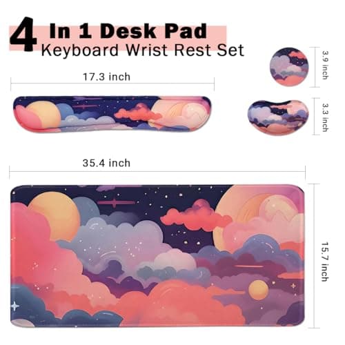 Large Mouse Pad Set, Cute Extended Mouse Pad+Keyboard Wrist Rest Support Desk Pad Memory Foam Ergonomic Easy Typing, 35.4×15.7 in Desk Mat Set for Home Office Study Game - Cloud - Thumbnail 2