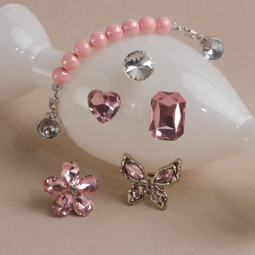 Wenobby 20 Pcs Bling Gem Shoe Decoration Charms for Women Girls, Cute Pink Pearl Rhinestones Butterfly Flower Shell charms with 2 Pearl Chains, Girly Accessories for Clog Sandals Party Gift - Thumbnail 6