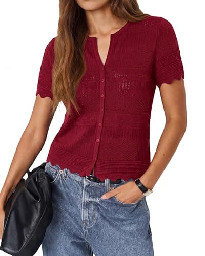 dowerme Women Summer Cardigan Sweaters 2026 Fashion Short Sleeve V Neck Crochet Crop Tops Spring Beach Vacation Clothes(Burgundy,Large) - Thumbnail 2