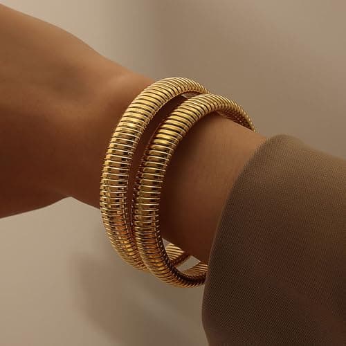 Poaiiu Gold Bracelets for Women 14K Gold Plated Stretch 14mm Snake Chain Bangle Cuff Bracelet Gold Jewelry Gifts for Women - Thumbnail 3