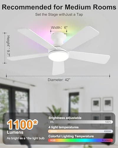 Ombrin 42 Inch Ceiling Fan with Lights, RGB Ceiling Fan with Light, App & Remote Control, Flush Mount Low Profile, Reversible, 3CCT, Dimmable LED, Noiseless, White Ceiling Fan for Bedroom - Thumbnail 3