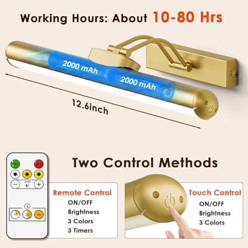 Picture Light for Wall with Remote, Wireless Battery Operated Wall Lights with 3 Colors Dimmable & Timer, 12.6" Rechargeable Metal Wall Sconce for Living Room, Artwork Gallery Display, Gold 1Pack - Thumbnail 5