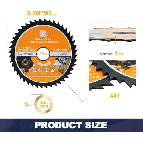 HSS Circular Saw Blade 3 3/8inch - BRSCHNITT 5pcs 44T 3/5"-3/8" Bore Cutting Discs for Cutting Wood, Copper, Aluminum, Plastic and Soft Metal - Thumbnail 2