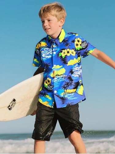 tagyum Boys Hawaiian Shirt 11Y 12Y Short Sleeve Boys Button Down Shirt Beach Casual Summer Print Top T-Shirt for Kids Light Blue - Thumbnail 2