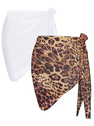 2 Pieces Sarong Cover Ups for Women Beach Bathing Suit Wrap Sheer Short Skirt Bikini Chiffon Scarf for Swimwear (White & Brown Leopard) - Image 1