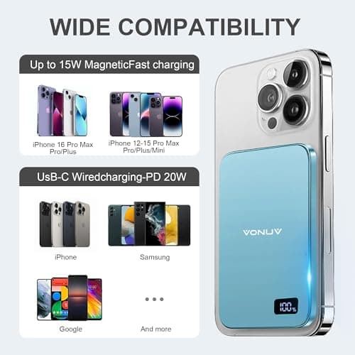 VONUV Magnetic Portable Charger 5000mAh, 15W Ultra Slim Wireless Portable Charger, Fast Charging for iPhone 17/16/15/14/13/12 Pro/Pro Max/Plus, Metal Shell, USB-C Cable to Charge Other Phones (Blue) - Thumbnail 5