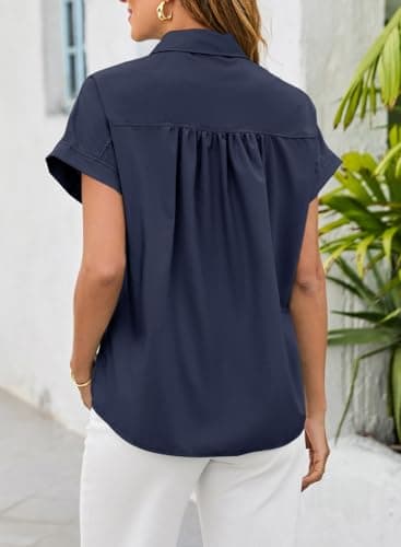 Dokotoo Womens Short Sleeve Shirts Collared Neck Pleated Ladies Tops and Blouses Button Down Loose Fit Trendy Tops for Women Fashion Business Casual Outifits Going Out Tops Navy Blue Shirts Small - Thumbnail 2