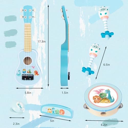 WoodenEdu Kids Guitar for Girls, Wooden Musical Instruments Toys with Ukulele, Tambourine, Maracas, Harmonica, Mini Band Sets for Toddlers 2 3 Years Old Birthday Gift (Blue for Boys) - Thumbnail 2