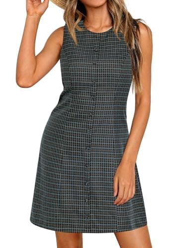BTFBM Summer Dresses for Women 2026 Plaid Sleeveless Zip Up A Line Mini Dress Business Casual Vacation Gingham Sundress(Dusty Blue, Large) - Thumbnail 2