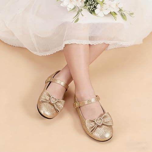 BOGELOO Toddler Girls Flats Mary Jane Flower Girls Dress Shoes School Wedding Party Shoes(Gold,5) - Thumbnail 2