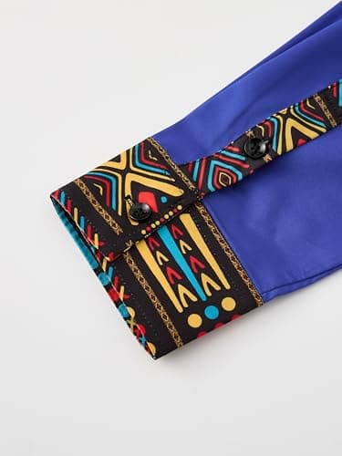 ZAFUL Men's Hipster African Tribal Graphic Patchwork Design Slim Fit Long Sleeve Button up Mandarin Collar Shirts (Blue Tribal Graphic L) - Thumbnail 6