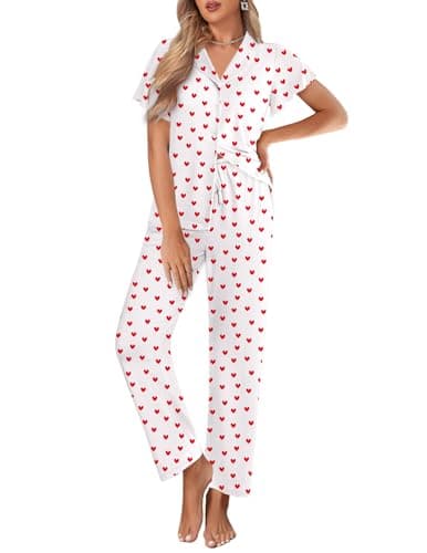 Ekouaer Pajamas for Women Set Button Up Sleepwear Cute Pjs Ruffle Sleeve Notch Collar Lounge Sets with Long Pants White Love XL - Image 1