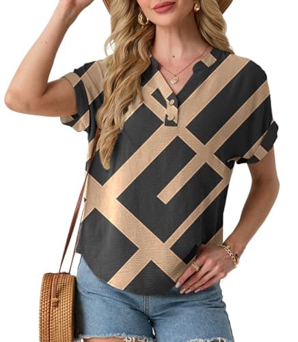 HiMONE Women’s Casual V Neck Summer Tops Short Sleeve Textured Blouse Loose Fit Rolled Sleeve Tunic T Shirts for Daily Wear - Image 1