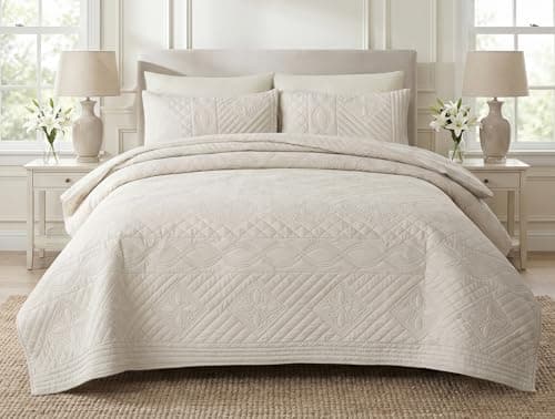 King Size Quilt Set Beige, Lightweight Soft Bedspread Coverlet, Modern Medallion Minimalist Damask Farmhouse Bedding Set, Breathable All Season Quilt for Bed (Beige Diamond, King（90‘’x104‘’）)