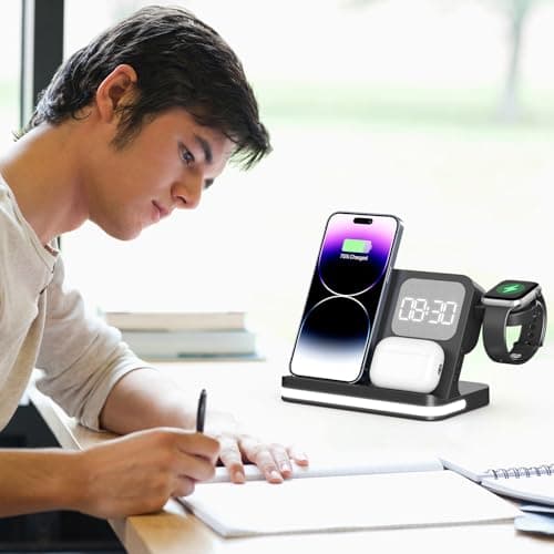 Wireless Charger, 4 in 1 Charging Station for Apple, Wireless iPhone Charging Stand for Bedrooms with Bedside Clock Night Light for iPhone 17 16 15 14 13 12 11 Pro Max, Watch and Airpods - Thumbnail 6
