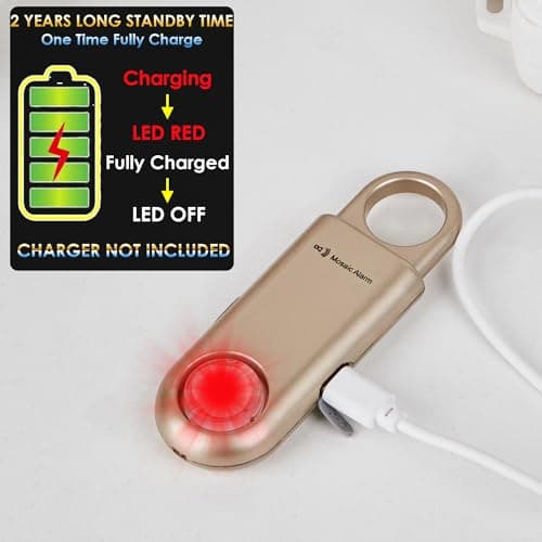 135dB Rechargeable Personal Safety Alarm Built-in Ultra-Bright Flashlight Non Slip Grip Keychain Emergency SOS Siren for Women, Students, Night Runner. Loud Sound Hiking Bear Alerts with Hook. Gold - Thumbnail 5