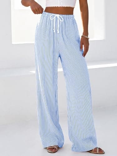 BTFBM Striped Wide Leg Pants for Women Spring Summer 2026 Drawstring Lounge PJ Beach Bottoms Casual Trousers Pockets(Light Blue, Small) - Thumbnail 5