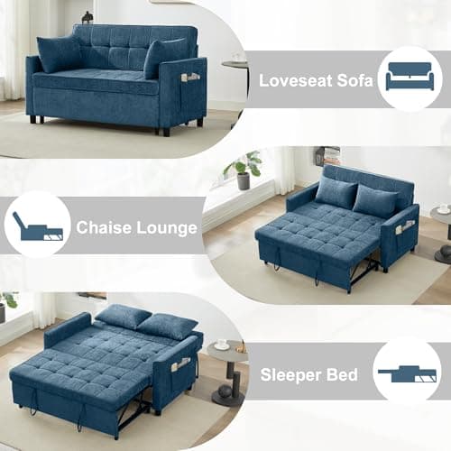 Tbfit 57" Love Seat Sleeper Bed, Convertible Pull Out Couch Bed, Chenille Loveseat Sofa Bed with USB & Adjustable Backrest, Full Size Pull Out Couches for Living Room, Apartment, Office, Dorm, Blue - Thumbnail 4