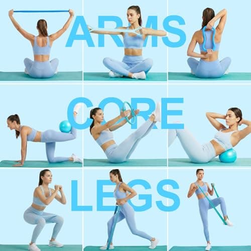 ElaraFit Home Pilates Ring and Ball Set for Women with 5 Resistance Bands 13 inch Magic Circle Workout Starter Kit for Beginners Full Body Toning 15 Min Daily Routine,Blue - Thumbnail 5