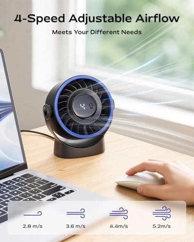 SWEETFULL USB Small Desk Fan - 5 Inch Mini Personal Desktop Fan, 4 Speeds Cooling Strong Airflow, 360° Adjustable Tilt, Quiet Portable Table Fans for Bedroom, Home, Office, Travel & Cruise, Black - Thumbnail 5