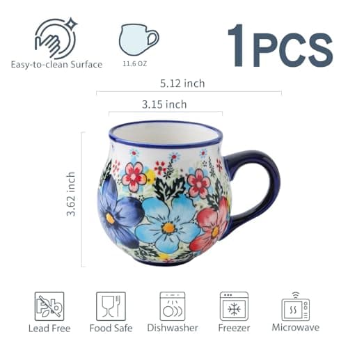 12 oz Ceramic Cup Hand-Painted Handmade Unique Floral Coffee Mug Artisan Coffee Cup Porcelain Mug for Tea Coffee Milk Microwave Dishwasher Safe, Polish Pottery 1 pc, Premium Elegant Gift - Thumbnail 3