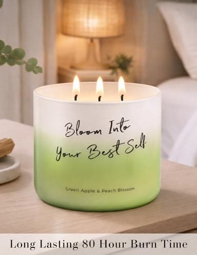 Green Apple Peach Blossom Scented Soy Candle - Large 3-Wick Aromatherapy Candle for Home, 15.8oz - Fresh Fruity Scent - “Bloom Into Your Best Self” Quote - Inspirational Home Decor Gift - Thumbnail 6