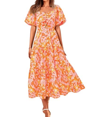 BTFBM Summer Dresses for Women 2026 Spring Outfits Beach Vacation Short Sleeve Smocked Boho Casual Floral Maxi Dress(Print Orange, Medium) - Image 1