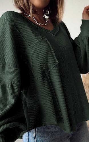 BTFBM Womens Fall Fashion 2026 Long Sleeve Shirts Casual V Neck Ribbed Knit Blouses Pullover Trendy Loose Fit Tunic Tops(Solid Dark Army Green, Small) - Thumbnail 4