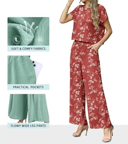 Lepunuo 2 Piece Outfits for Women Summer Wide Leg Pants Sets with Pockets - Thumbnail 2