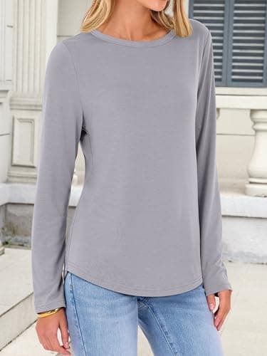 ANRABESS Long Sleeve Shirts for Women Casual Crewneck Basic Tee Tshirts Loose Fit Curved Hem Tunic Top 2026 Fall Outfits Sliver Gray X-Large - Thumbnail 3