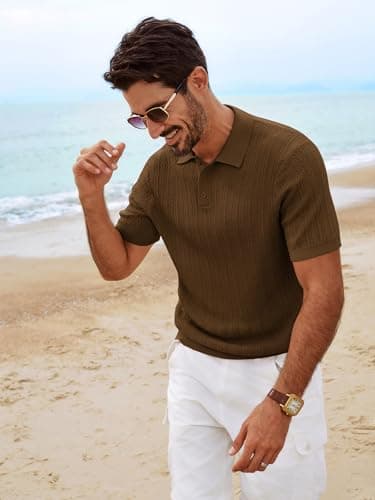 PJ PAUL JONES Mens Short Sleeve Knit Polo Shirts Casual Textured Polo Golf Shirts Summer Beach Shirt Brown S - Thumbnail 2