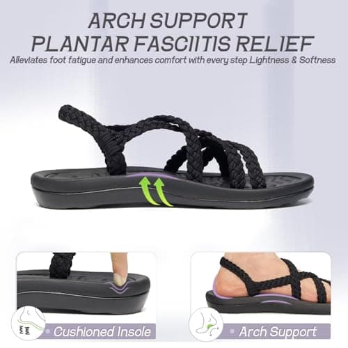 MEGNYA Ladies Comfortable Sandals with Arch Support, Lightweight Hiking Shoes with Braided Backstraps, Classic Adjustable Open toe Slide Sandals for Walking Black Size 8.5 - Thumbnail 4